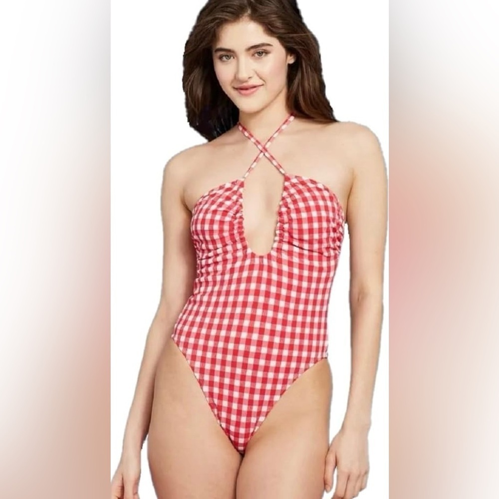Wild Fable Keyhole Cross Front Halter Ultra High Leg Cheeky Swimsuit Red Gingham